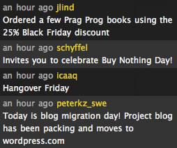 Tweets from different people about how they spend their friday. Schyffel is celebrating buy nothing day, Johan lind is ordering books and Isac is hung over.