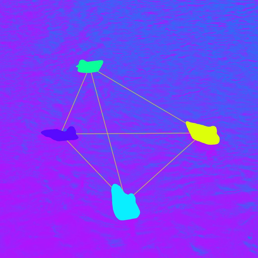 A blue and purple image of four birds connected by a yellow line. Each bird has been covered in different colors.